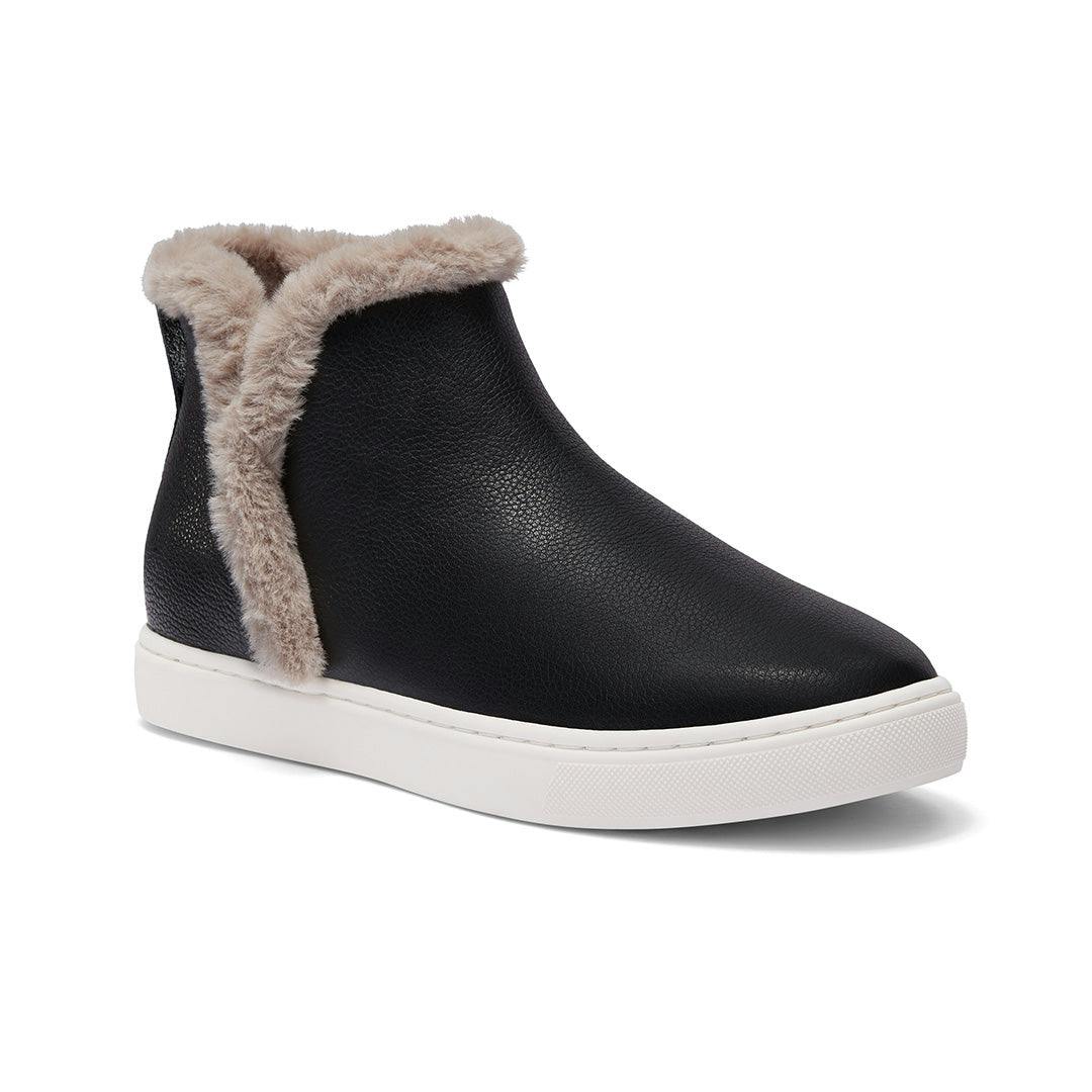 Women's sneaker boot - Water resistant black leather with faux fur trim - view 3
